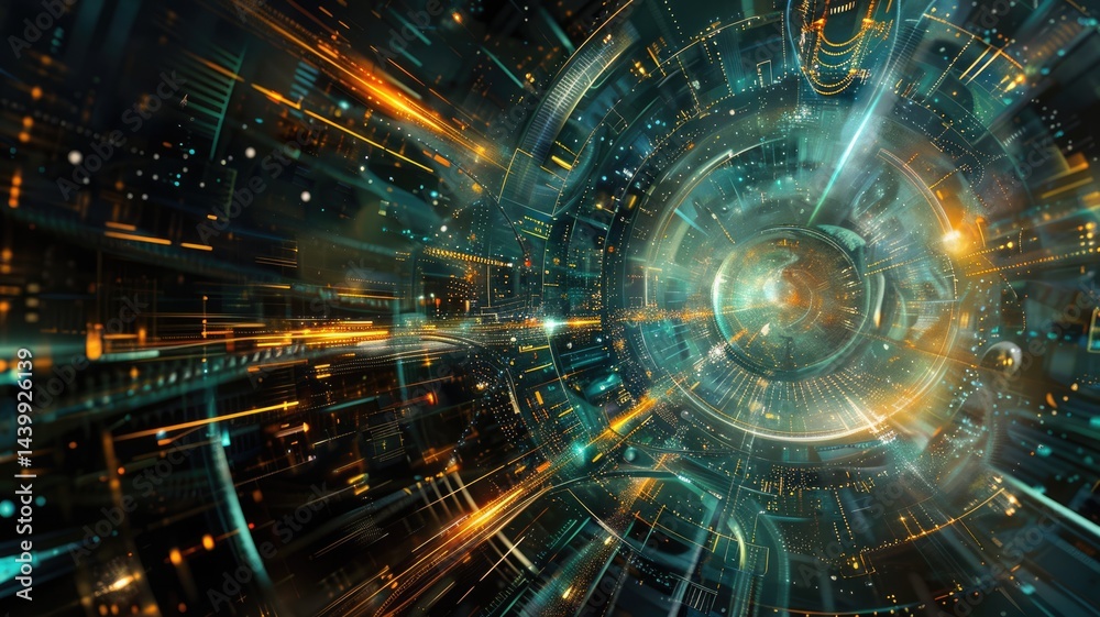 Poster digital tunnel with bright light and colorful pixels. digital artwork of circle shape and portal wit