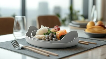 Elegant modern dining table setup with fresh fruit platter in a stylish white dish on a gray placemat in a bright contemporary kitchen environment with natural sunlight