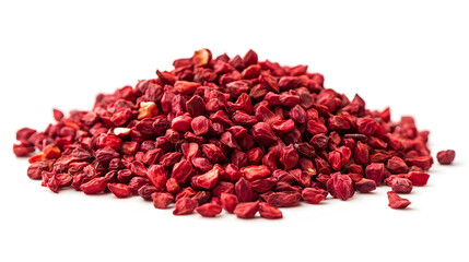 A pile of whole annatto seeds in bright red, scattered over a white smooth surface, emphasizing their color and texture.