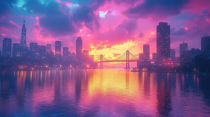 Fototapeta premium Vibrant, colorful cityscape reflected in a tranquil body of water at sunset.