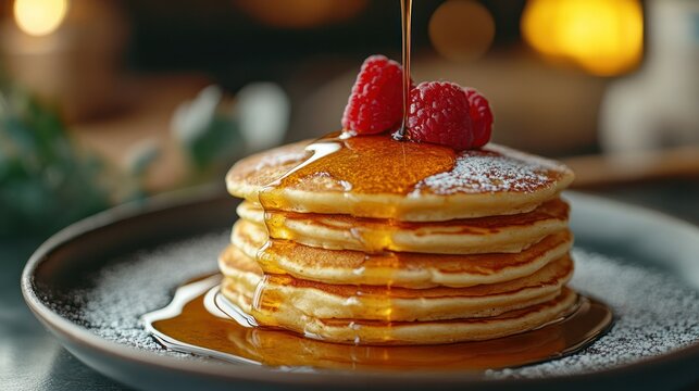 Delicious stack of golden fluffy pancakes topped with fresh raspberries powdered sugar and syrup served on a dark ceramic plate with blurred warm background