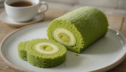 Roll cake with a cup of coffee