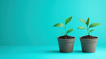 Obraz premium Two small plants in a pot with investment achievement symbol illustrations and copy space for financial growth concepts