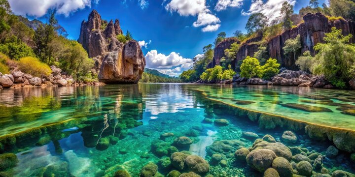 Panoramic Dumbea River New Caledonia: Crystal Clear Water, Rocks, Underwater Scenery