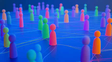 Virtual meeting with human icons showcasing colorful connection lines on tech backdrop