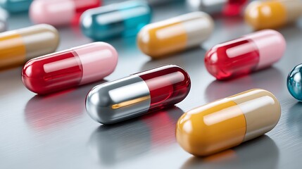 Close Up of Colorful Medicine Capsules Arranged on a Surface for Healthcare and Wellness Concepts