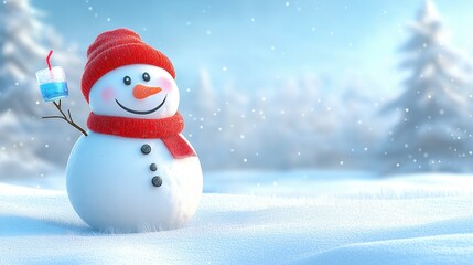 Fototapeta premium Snowman wearing red hat and scarf cheerfully toasting with a drink in festive winter setting