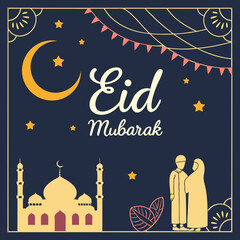 Elegant Eid greeting card featuring a golden crescent moon, shining star, and ornate mosque silhouette on a dark blue background with tiny white stars.