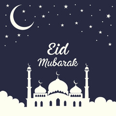 Elegant Eid greeting card featuring a golden crescent moon, shining star, and ornate mosque silhouette on a dark blue background with tiny white stars.