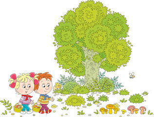 Funny little girl and boy mushroomers walking with baskets and gathering edible mushrooms on a pretty forest glade on a summer vacation, vector cartoon illustration on a white background