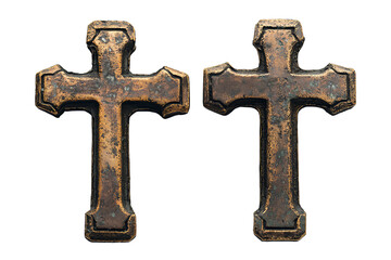 Two bronze crosses, one on the left and the second on the right side of a transparent background png