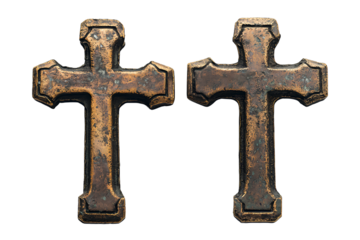 Two bronze crosses, one on the left and the second on the right side of a transparent background png