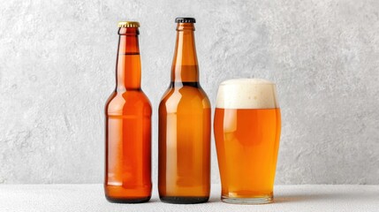 Beer bottles and a glass of beer placed on a white table showcasing craft brewing history and evolution