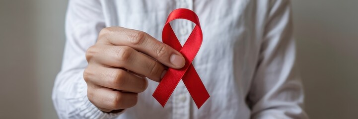 Red awareness ribbon held in a hand.