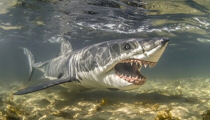 Fototapeta premium An underwater image of a large great white shark displaying teeth