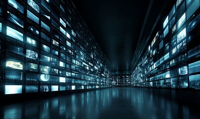 Obraz premium A vast futuristic control room lit by cold blue lights, filled with endless rows of glowing digital screens