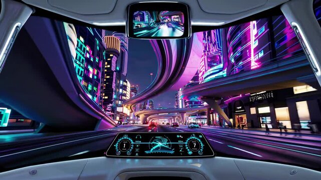 transport of the future, first person view from a car in the city, transport of the future is our world in a few years, everyone will drive transport of the future