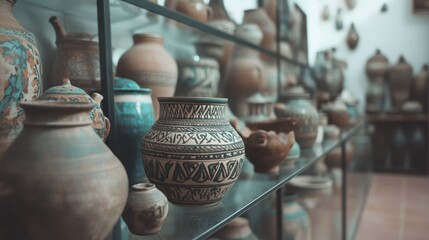 Decorative cultural pottery and artwork displayed in a historical building