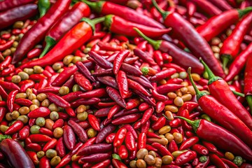 Vibrant Red Chili Peppers & Borlotti Beans Top View Bokeh Photo - High-Resolution Stock Image