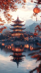 Obraz premium Autumn scenery of ancient tower lake
