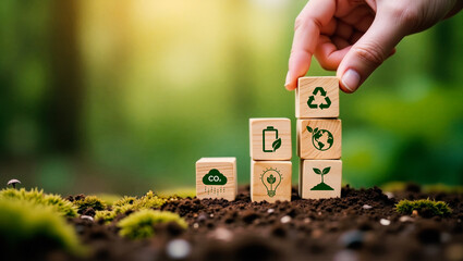 Eco-Friendly Wooden Blocks with Green Sustainability Concept Icons with Nature Background