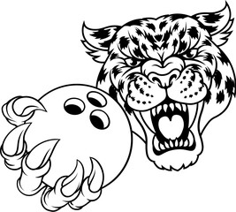 A jaguar, panther, leopard or cheetah wildcat spotted cat bowling sports team mascot holding a ball