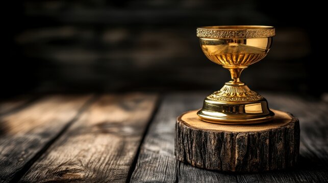 Gold chali placed on wooden table next to an award trophy for investors recognition and achievement