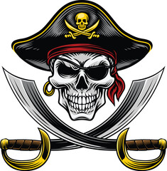 Pirate skull crossbones wearing a tricorn captain hat, eyepatch with crossing sabers or scimitar cutlass pirate swords. In a vintage retro woodcut style.