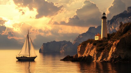 Cliffside Lighthouse Serenity, a majestic lighthouse perched on a cliff with a soft beige backdrop, evoking tranquility and coastal beauty