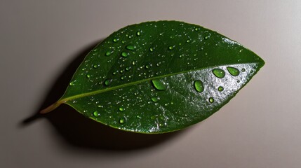 Green Leaf with Water Droplets, delicate texture, soft beige backdrop, positioned on the right side, serene and refreshing ambiance