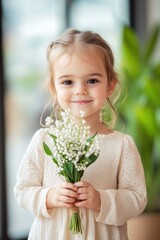 Young girl smiles while holding a bouquet of flowers in a bright indoor space during the morning