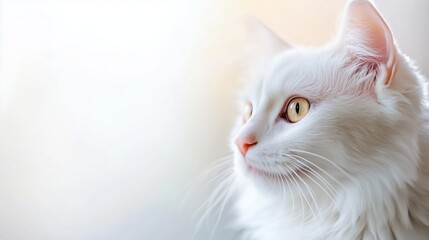 White cat gazes intently with piercing yellow eyes in a softly lit indoor setting during a calm afternoon