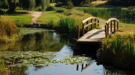 Serene wooden bridge crossing a tranquil pond, soft beige backdrop, image positioned on the right side of the canvas.