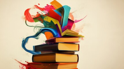 Vibrant Stack of Colorful Books with Bookmarks Against Soft Beige Background, Right-Aligned Composition, Ideal for Educational Themes