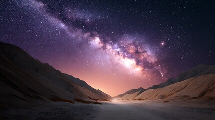 Obraz premium Starry Night Sky Over Desert Landscape with Milky Way and Mountainous Terrain