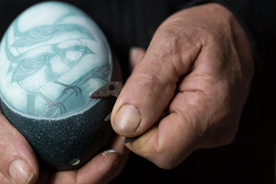 Closeup of emu egg engraving
