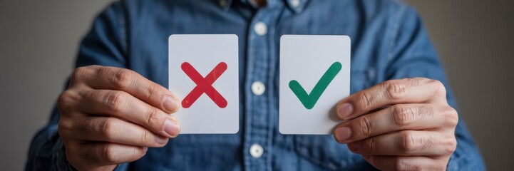 Hand holding cards with yes and no options.