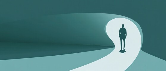 Silhouette of a businessman standing at the end of a bright tunnel, symbolizing career opportunity, success, and future prospects in a minimalist teal environment