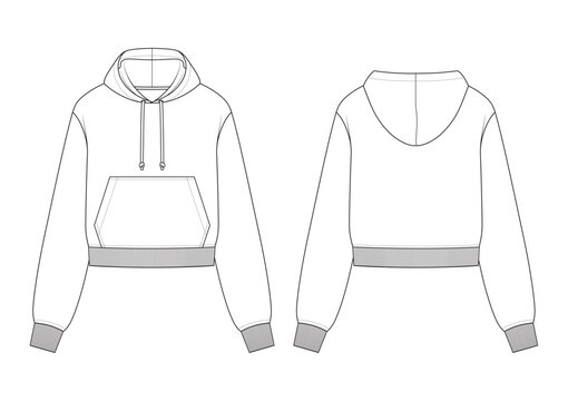 Vector fashion technical drawing of a cropped hoodie sweatshirt with front and back view. Drawstrings detail. Long sleeve. Front pocket. Rib at cuff and bottom area. Knit fabric.