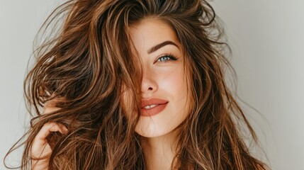 Fototapeta premium Woman with tousled brown hair and captivating blue eyes