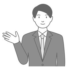 スーツを着た男性が「こちらです」と案内しているイラスト