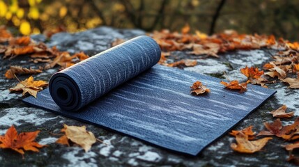 Blue Yoga Mat on Autumn Leaves, Outdoor Fitness