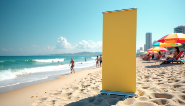 Vertical banner mockup. Vertical banner mockup on sunny beach with ocean waves and colorful umbrellas background