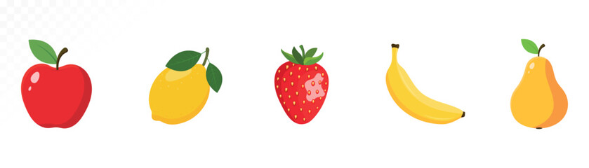 Big set of fruits isolated on white background. Whole and half fruits including apple, strawberry, lemon, pear, and banana. Flat style vector illustration for food, healthy eating, and design projects