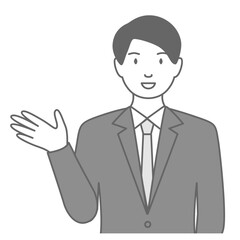 スーツを着た男性が「こちらです」と案内しているイラスト