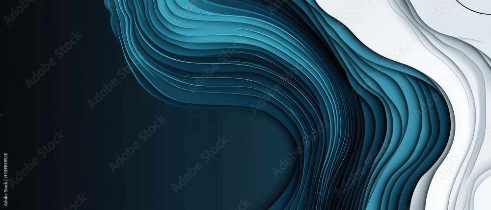 Poster abstract blue and white paper cut background with wavy layers, creating a modern and elegant 3d dept