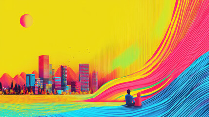 A vibrant life illustration shows a couple sitting with copy space as colorful streams flow into a vivid city skyline under a yellow sun, full of vitality.