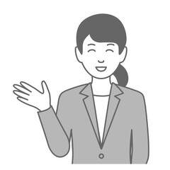スーツを着た女性が「こちらです」と笑顔で案内しているイラスト