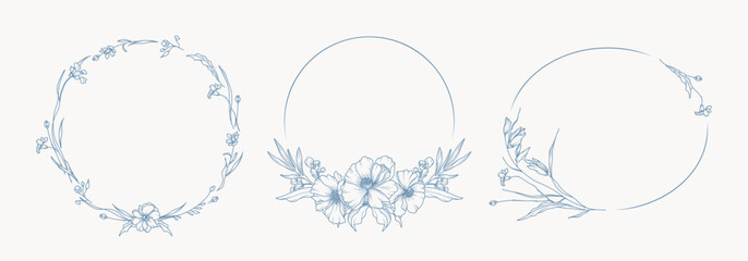Flower vector wreath set. Hand drawn elegant floral line art. Blue botanical frame of wild and garden flowers, branches, leaves. Vector illustration for wedding invitation, save the date card, logo