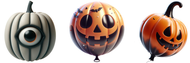 Fototapeta premium Evil faces mask and pumpkins decorated for celebrate Halloween festival. Halloween faces and masks without any background.